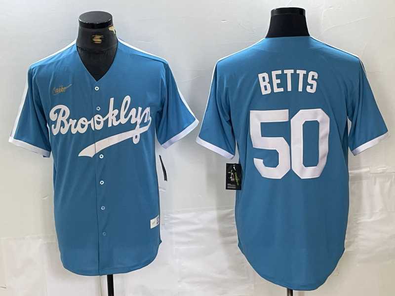 Mens Brooklyn Dodgers #50 Mookie Betts Light Blue Cooperstown Collection Cool Base Jersey